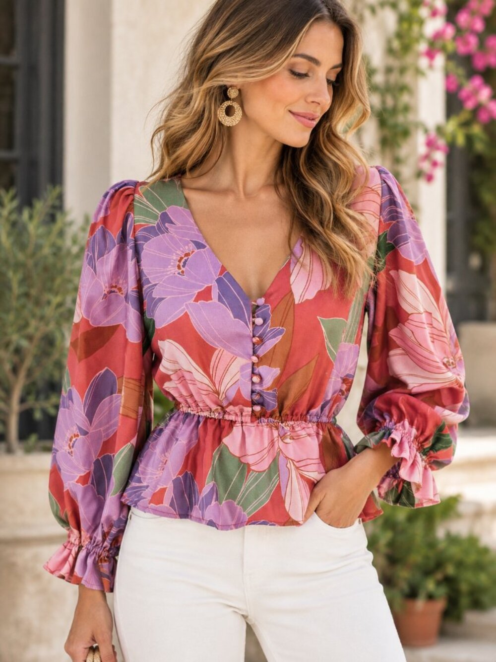 Christy Lynn 100% Silk Floral Peplum Blouse Pink Purple Balloon Sleeve S